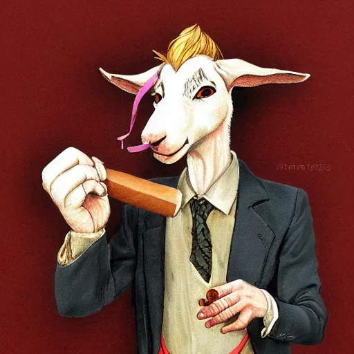 Prompt: award winning character art commission of an anthro furry humanoid goat smoking a cigar, three piece suit, in the style of norman rockwell,