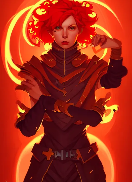 Image similar to style artgerm, joshua middleton, illustration, john krasinski as alchemist artificer wearing orange pelt light armor, anime eyes, red hair, swirling fire flames cosmos, fantasy, dnd, cinematic lighting