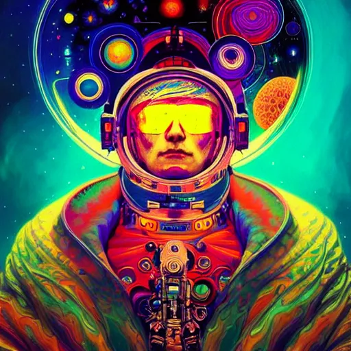 Image similar to An extremely psychedelic experience, colorful, surreal, dramatic lighting, cosmonaut, LSD, face, detailed, intricate, elegant, highly detailed, digital painting, artstation, concept art, smooth, sharp focus, illustration, art by Sam spratt, dan mumford, Artem Demura and alphonse mucha