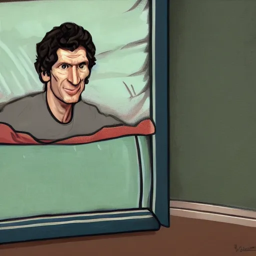 Image similar to A painting of Todd Howard of Bethesda Game Studios peeking out from under your bed