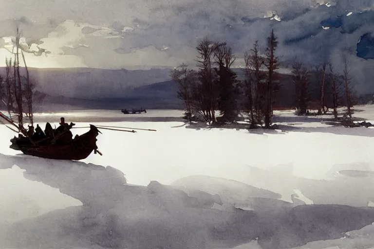 Prompt: watercolor painting of sleigh on ice lake, winter, ambient lighting, dust, art by anders zorn and winslow homer, wonderful masterpiece by greg rutkowski, cinematic light, american romanticism by greg manchess, creation by tyler edlin