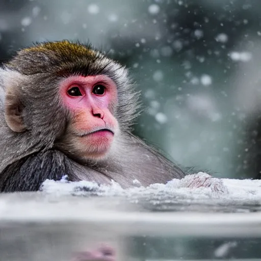 Prompt: a Japanese macaque in a snowy hot spring