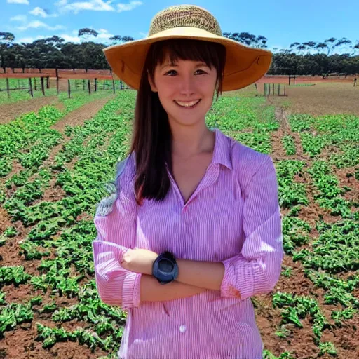 Prompt: an australian anime girl farmer, on a farm