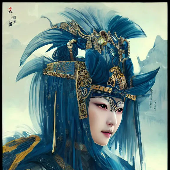 Image similar to ancient chinese princess with steampunk mask, dynasty warriors, headshot, holy, unreal engine, 8 k, blue color scheme, headshot, highly detailed, smooth, ink painting, artstation, concept art, in style of yoji shinkawa, pan ren wei, col price, atey ghailan, by greg rutkowski, aesthetic