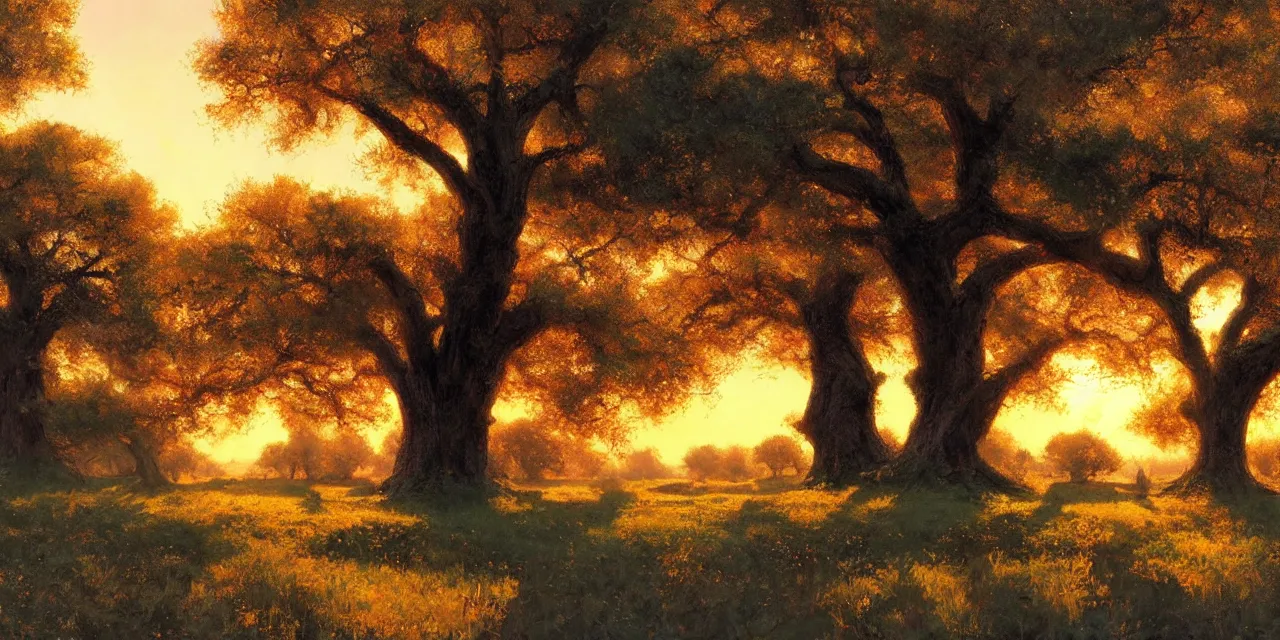 Prompt: a beautiful, stunning landscape with giant oak trees in spring during sunset by craig mullins