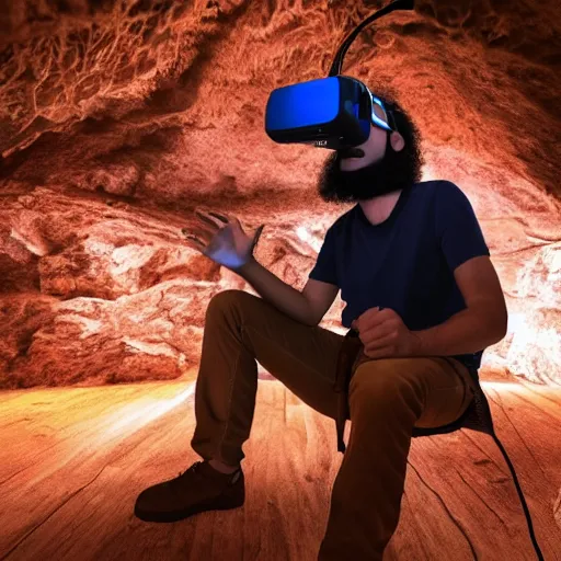 Image similar to a caveman with a vr virtual reality headset in a cave