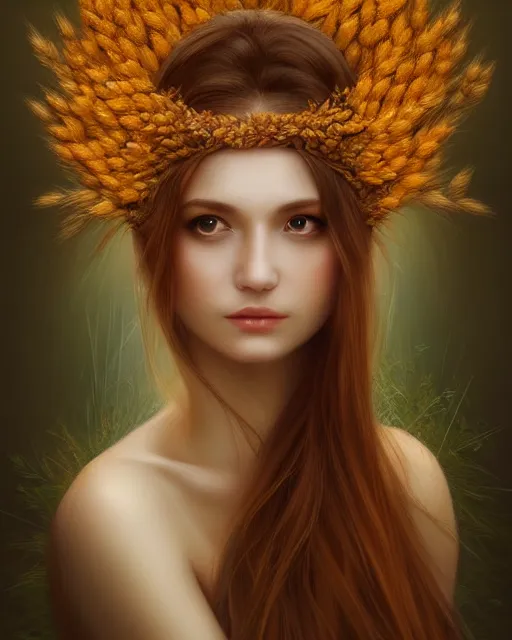 Prompt: goddess of autumn, with wheat ears on her head, half - length head portrait, dreamy, beautiful, by wlop
