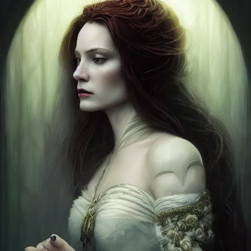 Image similar to Majestic and regal portrait of a riveting female vampire, indoor palatial dwelling, intricate, epic, elegant, menacing, fantasy, highly detailed, digital painting, hard focus, beautiful volumetric lighting, epic light, ultra detailed, by Leesha Hannigan, Ross Tran, Thierry Doizon, Kai Carpenter, Ignacio Fernández Ríos