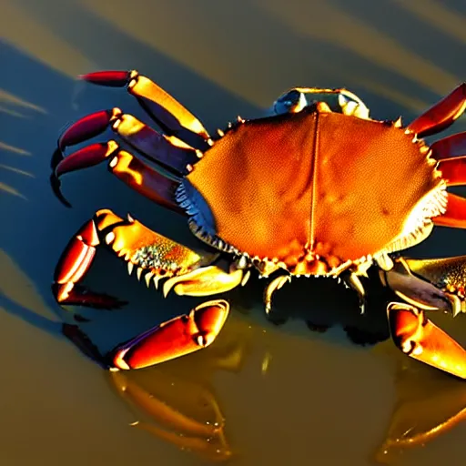 Image similar to crab ( holding a knife in its claw ) nature photography, golden hour