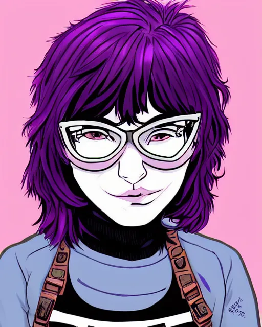 Image similar to a portrait of Ramona Flower!!!, Scott Pilgrim!, Purple hair!, art by Bryan Lee O'Malley!!!, symmetrical eyes!, digital art, highly detailed, intricate, sharp focus!!