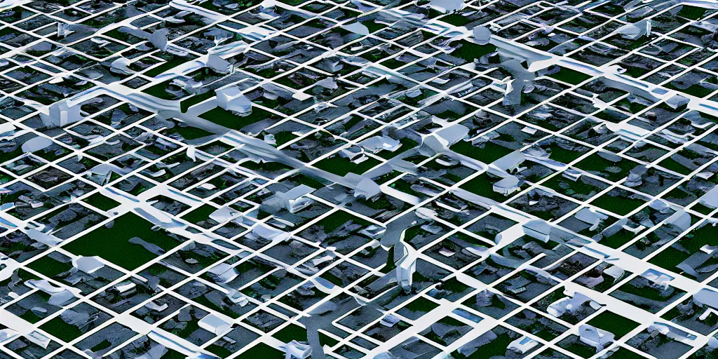 Image similar to endless suburbs, film still from the truman show, aerial isometric