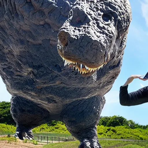 Prompt: T rex taking a selfie with asteroid in background