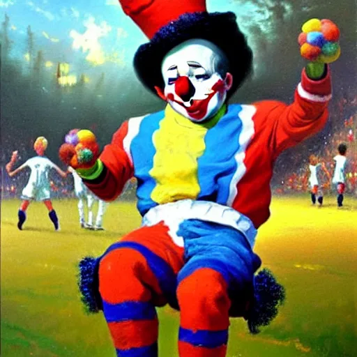 Prompt: an oil painting of a clown watching soccer, thomas kinkade,