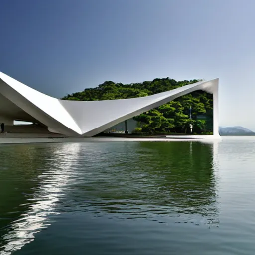 Image similar to a white cell structure art museum building in the shape of a fish on the surface of a beautiful lake. the indoor lighting is created by tadao ando and kazuo shimajima