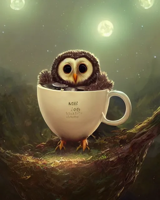 Image similar to long shot of a very cute owl chick nesting in a futuristic mug, esao andrews, humorous illustration, hyperrealistic, big depth of field, warm colors, night scenery, low light, 3 d octane render, 4 k, concept art, hyperdetailed, hyperrealistic, trending on artstation