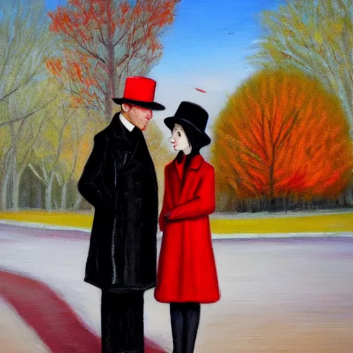 Image similar to A thin man in a black coat and bowler hat talks with small girl dressed in a red coat and a red hat, park, autumn, oil painting style, wide angle, high detail, width 768