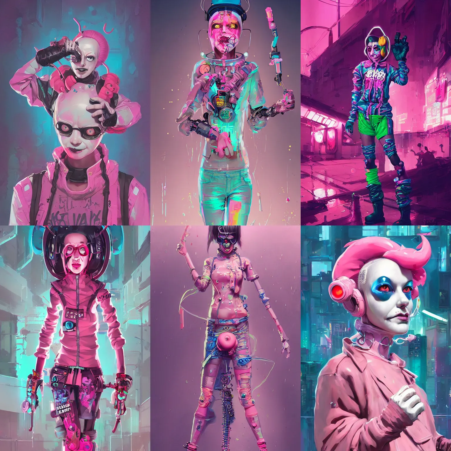 Prompt: cyberpunk clown girl made of pink slime, cartoon, wearing cyberpunk intricate streetwear, transparent, behance hd artstation by jesper ejsing by rhads, makoto shinkai and lois van baarle, ilya kuvshinov, ossdraws, cinematic lighting, sharp focus