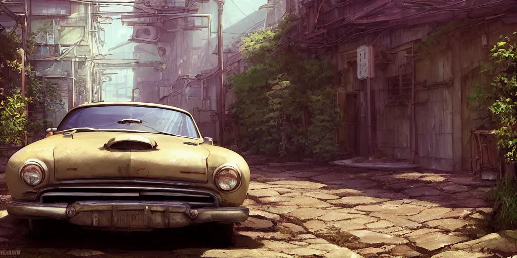 Prompt: a wholesome animation key shot of a focused old car parked in an abandoned alleyway, medium shot, waist up, studio Ghibli, Pixar and Disney animation, sharp, very detailed, high resolution, Rendered in Unreal Engine 5, anime key art by Greg Rutkowski, Bloom, dramatic lighting