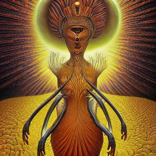 Image similar to the queen of the sun by jacek yerka, alex gray, zdzisław beksiński, dariusz zawadzki, jeffrey smith and h.r. giger, oil on canvas, 8k highly professionally detailed, trending on artstation