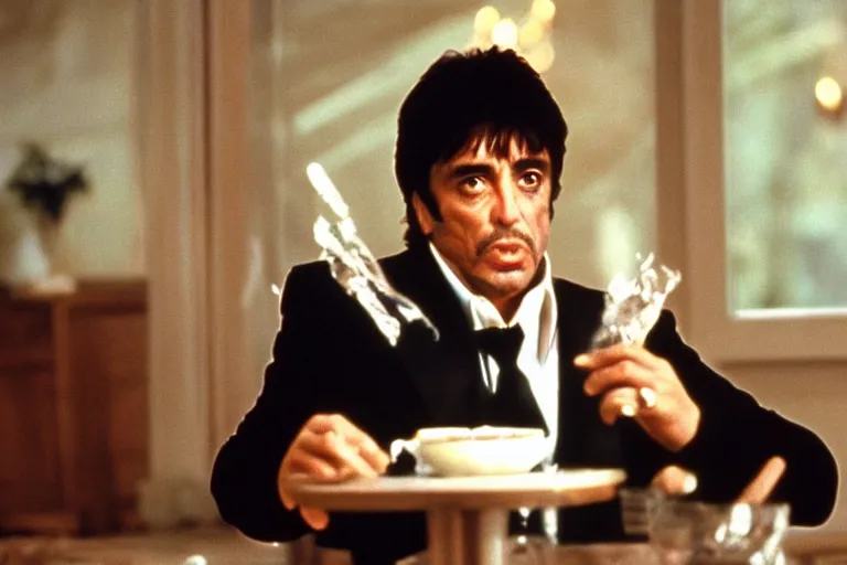 Prompt: tony montana from movie scarface 1 9 8 3 sitting at a big black oak table with big packages of flour. next to the night window. ( al pacino ). perfect symmetric face, coherent eyes,, fine details, 4 k, ron cobb, cinestill