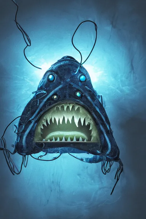 Image similar to a detailed spooky photograph of an angler fish with light blue neon - like lights, deep underwater scene, dark image, menacing angler fish, symmetry, poster