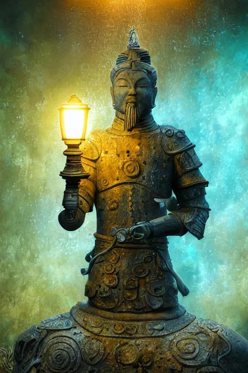 Prompt: a stunning ultra detailed underwater fantasy fine art photo of a granite statue of a terracotta warrior holding a glowing lamp, surrounded by colorful fishes, by tomasz alen kopera and anna dittman, water bubbles, very detailed, crepuscular rays, deep depth of field, 5 0 mm lens, soft lighting, artstation, highly coherent, 8 k