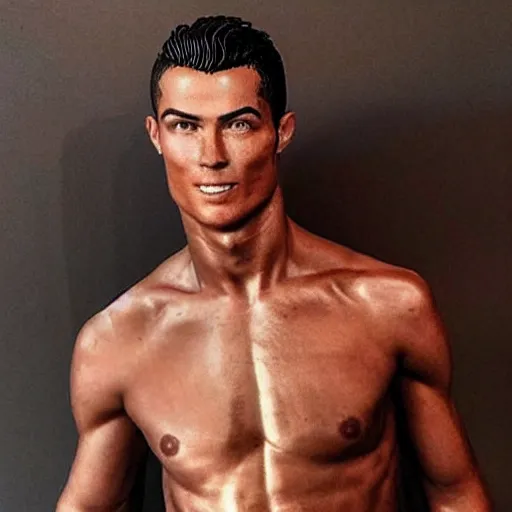 Image similar to “a realistic detailed photo of a guy who is an attractive humanoid who is half robot and half humanoid, who is a male android, Cristiano Ronaldo, shiny skin, posing like a statue, blank stare”