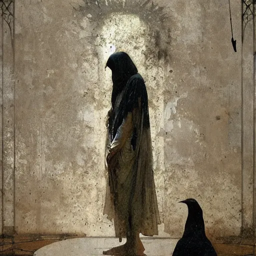 Image similar to hooded gaunt figure in long grungy decaying baptismal robes before a congregation of crows by nicola samori and tadema by greg rutkowski by alphonse mucha