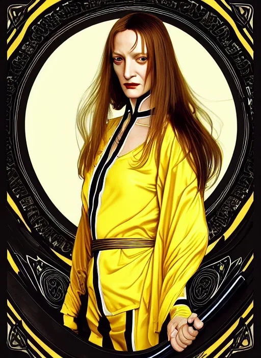 Image similar to uma thurman in kill bill, sword warrior, rococo and art nouveau fusion, swinging reflective katana, yellow jumpsuit with black stripe, highly detailed, deep focus, elegant, digital painting, smooth, sharp focus, illustration, ultra realistic, japanese art by artgerm and alphonse mucha