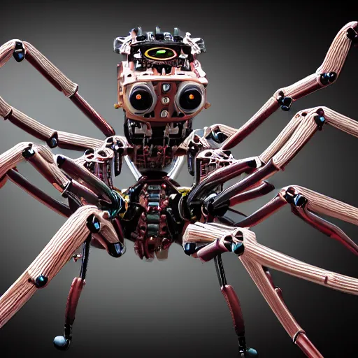 Image similar to mechanical spider robot with eight legs and strings, insane details, sharp focus, octane render