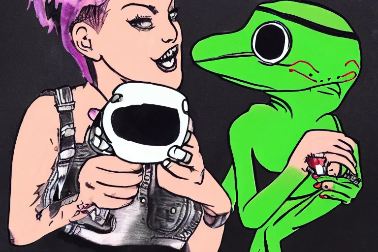 Image similar to studio photo!!! of a punk girl on a date with pepe! the frog! drinking coffee, highly detailed, 8 k, natural lighting