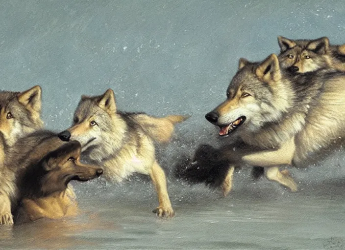 Image similar to a group of wild wolves jumping into a pool, oil painting by ralph maquarrie and james gurney, soft edges, subtle colours