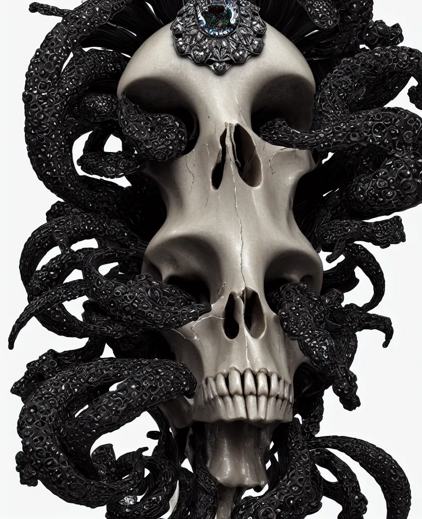 Image similar to goddess princess face close-up portrait ram skull. sculpture made of black and dichroic. jellyfish phoenix head, nautilus, orchid, skull, betta fish, bioluminiscent creatures, intricate artwork by Tooth Wu and wlop and beeple. octane render, trending on artstation, greg rutkowski very coherent symmetrical artwork. cinematic, hyper realism, high detail, octane render, 8k