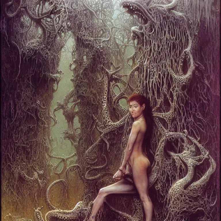 Image similar to cute young alyson hannigan with short hairs in lovecraftian jungles by jean delville by luis royo and wayne barlowe, beksinski