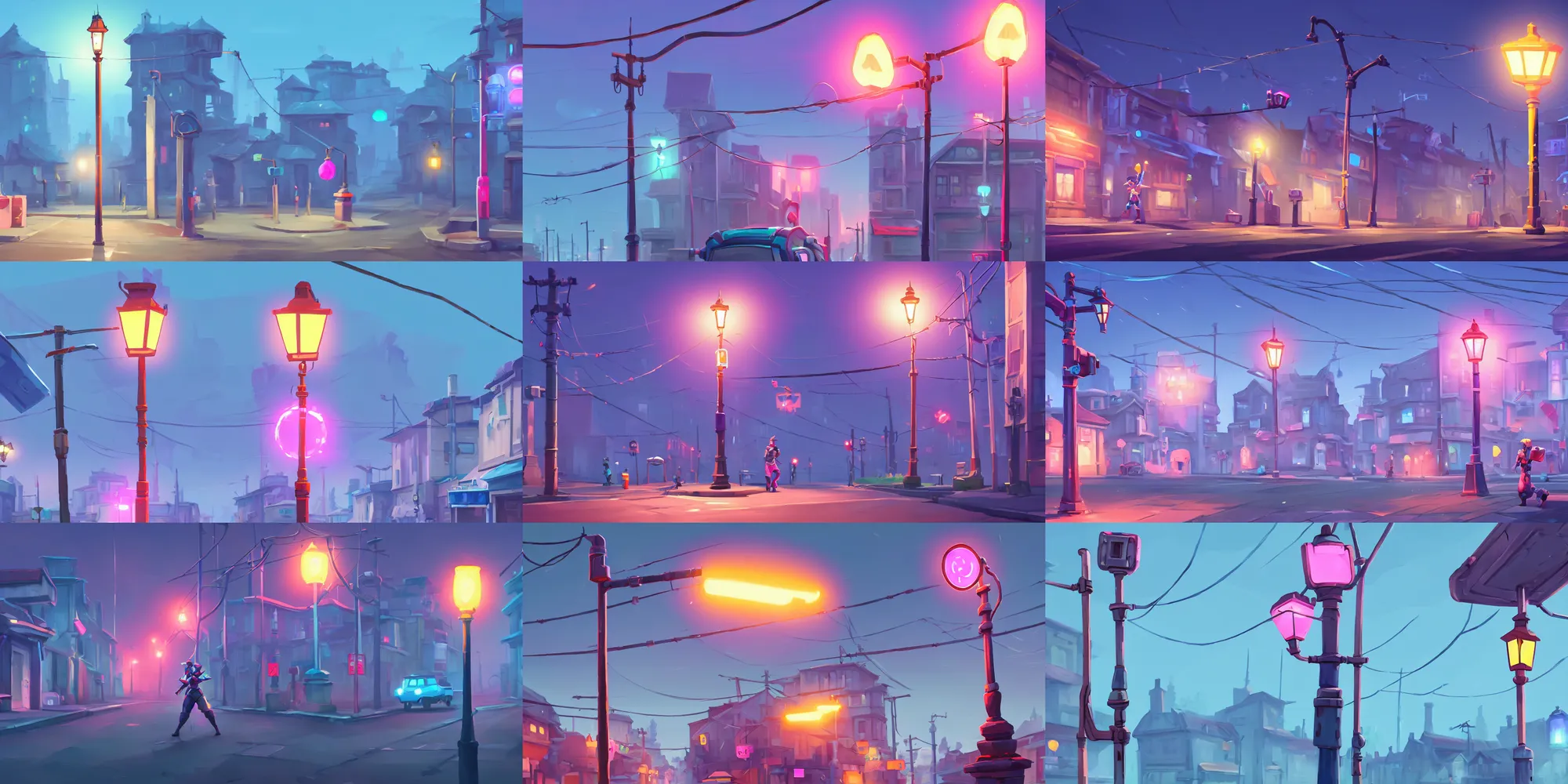 Prompt: game asset of street lamps and electric pole, in gouache detailed paintings, props, stylized, 2 d sprites, kitbash, arcane, overwatch, blue and pink color scheme, 8 k, close up