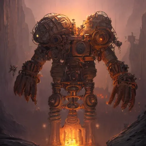 Prompt: a Steam powered mechanical golem, forward facing angle, matte background, concept art, character design, stunning 3d render , art by Tooth Wu and justin gerard and Blizzard studios, 8k octane beautifully detailed render, post-processing, extremely hyperdetailed, intricate complexity, epic composition, grim yet sparkling atmosphere, masterpiece, trending on artstation