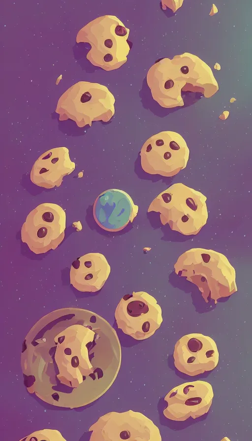 Image similar to cookies in space, sharp focus, james gilleard, moebius, print, cinematic, game art