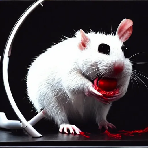 Prompt: a giant white rodent has red eyes. it is trying to destroy an imac monitor. gothic