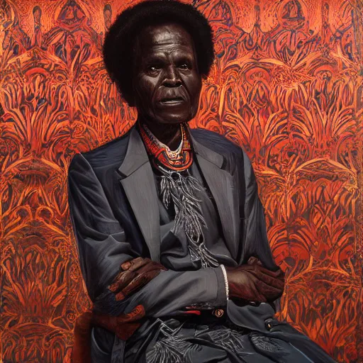 Prompt: a painting of a big wise elder from Kenya in a suit by Kehinde Wiley . dramatic angle, ethereal lights, details, smooth, sharp focus, illustration, realistic, cinematic, artstation, award winning, rgb , unreal engine, octane render, cinematic light, macro, depth of field, blur, red light and clouds from the back, highly detailed epic cinematic concept art CG render made in Maya, Blender and Photoshop, octane render, excellent composition, dynamic dramatic cinematic lighting, aesthetic, very inspirational, arthouse.