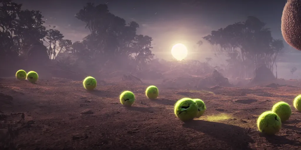 Image similar to a cinematic poster photo of 8 k ultra realistic tennis ball monsters, exotic, cinematic lighting, trending on artstation, 4 k, hyperrealistic, focused, high details, unreal engine 5, cinematic, alien planet atmosphere in background