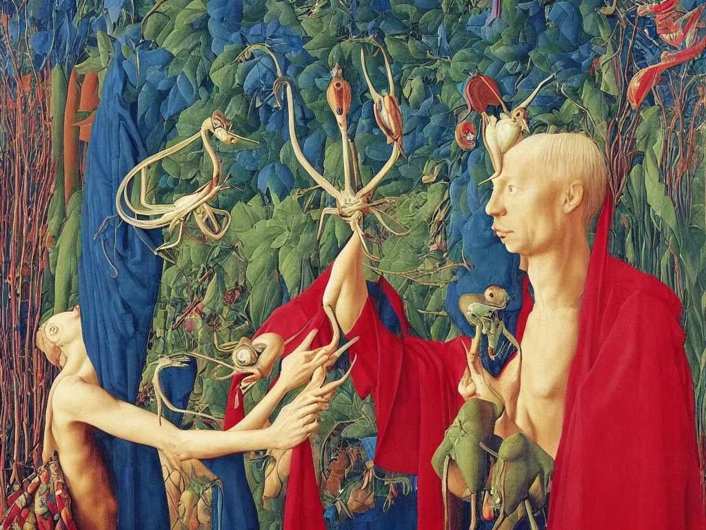 Image similar to portrait of albino mystic with blue eyes, with beautiful exotic giant mantis. Painting by Jan van Eyck, Audubon, Rene Magritte, Agnes Pelton, Max Ernst, Walton Ford