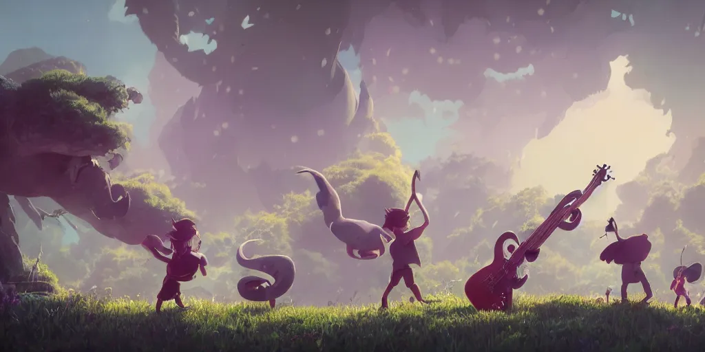 Prompt: a wholesome animation key shot of a band behemoth performing on stage, medium shot, studio ghibli, pixar and disney animation, 3 d, sharp, rendered in unreal engine 5, anime key art by greg rutkowski, bloom, dramatic lighting