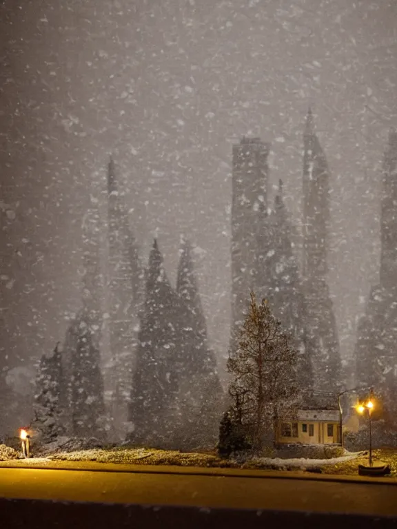 Image similar to small diorama a soviet residential building in soviet suburb, 9 0 s, lights are on in the windows, dark night, post - soviet yard, cozy and peaceful atmosphere, fog, cold winter, snowing, streetlamps with orange volumetric light, several birches nearby, two man fighting for bottle of vodka