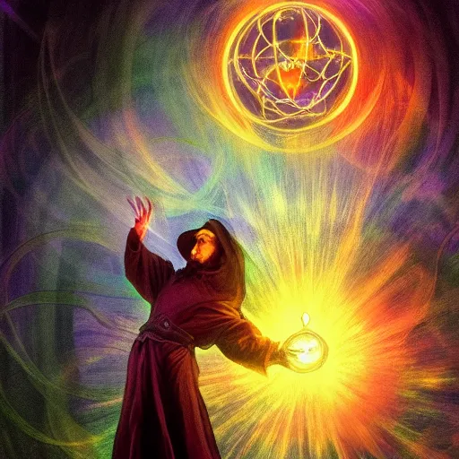 Image similar to a warlock is casting a magic spell while with magic orb floating in his hand , dynamic pose, chromatic aberration , medium level shot, Mucha style , Grim fantasy, illustration ,concept art,