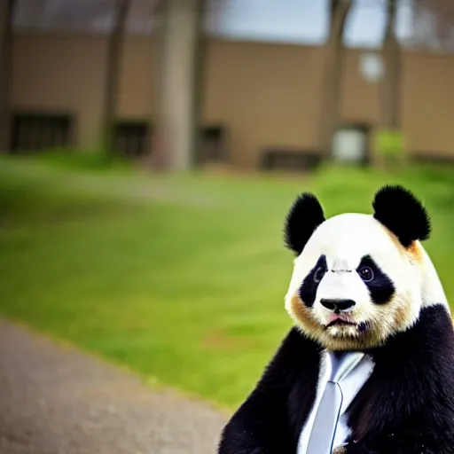 Prompt: panda wearing a suit and tie, ready for a meeting, outdoors business portrait, close