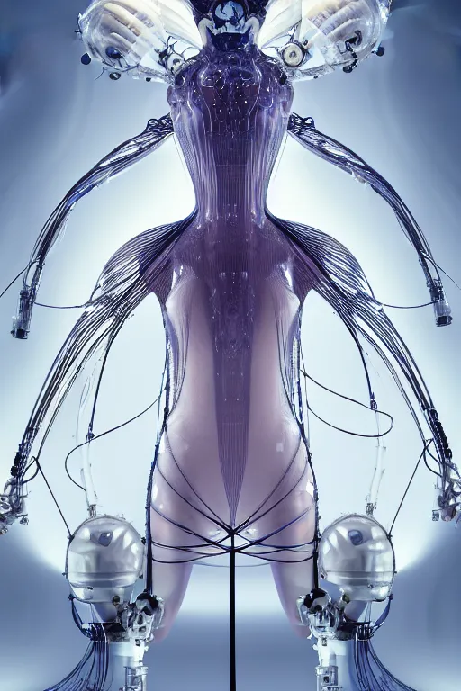 Image similar to background space station, baroque inflateble dress iris van herpen positing on floor, white helmet on face, perfect symmetrical, full body shot, inflateble shapes, wires, tubes, veins, jellyfish, white biomechanical details, wearing epic bionic implants, masterpiece, intricate, biopunk, vogue, highly detailed, artstation, concept art