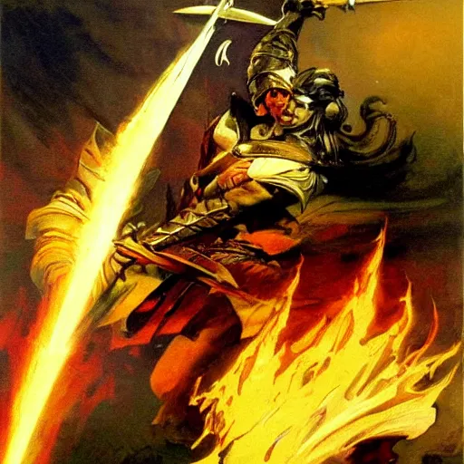Image similar to a sword where the blade is a fire tornado, painting by frank frazetta, highly detailed, high quality, 8 k, soft lighting, realistic face, path traced
