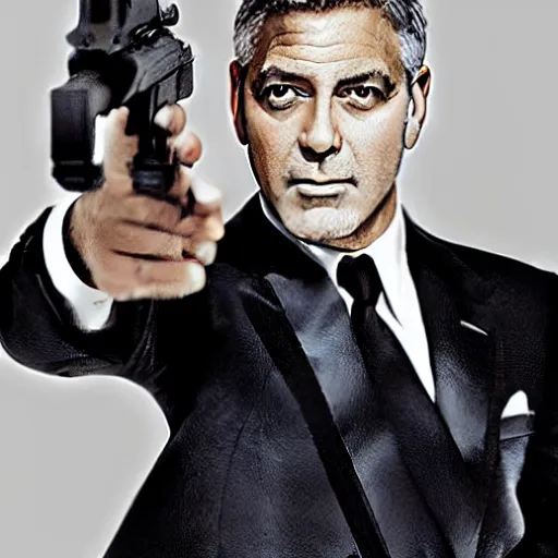 Prompt: George Clooney as James Bond, with pistol, cinematic photograph, dramatic background