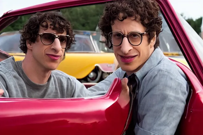 Image similar to a cinematic still from hotrod movie of ((andy samberg))