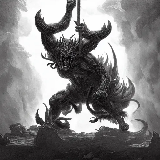 Image similar to full body, grayscale, muscled humanoid balrog demon, horns, claws, large horned tail, heroic pose, flames, fire, tarot, Gustave Dore, Greg Rutkowski,